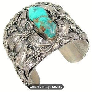Vintage Indian Bohemian-Silver Floral Cuff Bracelet with Turquoise Stone
